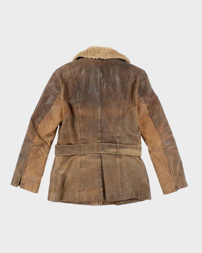 Vintage 90s/00s Ricki's Brown Leather Belted Faux Fur Collared Jacket - S