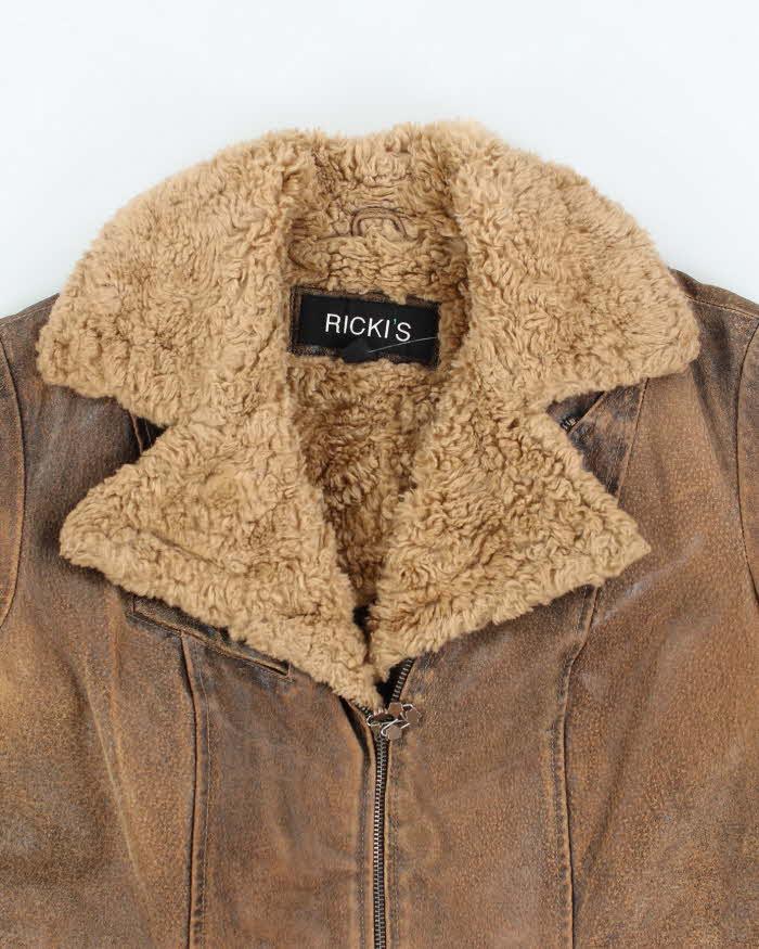 Vintage 90s/00s Ricki's Brown Leather Belted Faux Fur Collared Jacket - S