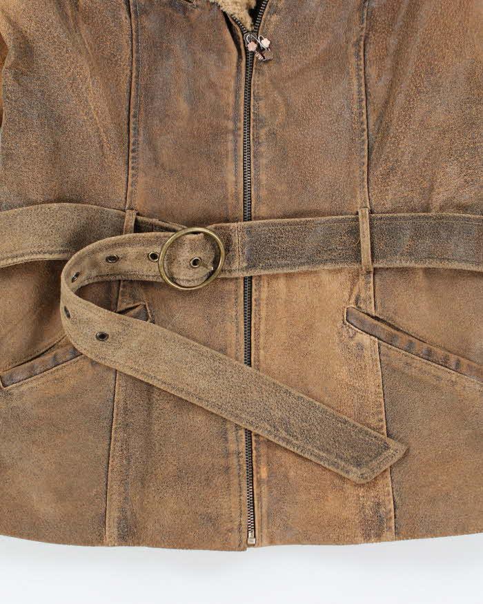 Vintage 90s/00s Ricki's Brown Leather Belted Faux Fur Collared Jacket - S