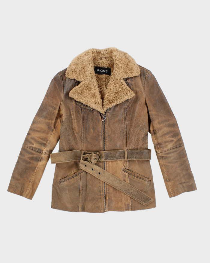 Vintage 90s/00s Ricki's Brown Leather Belted Faux Fur Collared Jacket - S