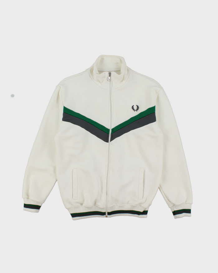 90s FRED PERRY ナイロンジャケット 白 フード収納 S FRED PERRY/フレッドペリー] 別注 フード刺繍 ナイロンシェル
