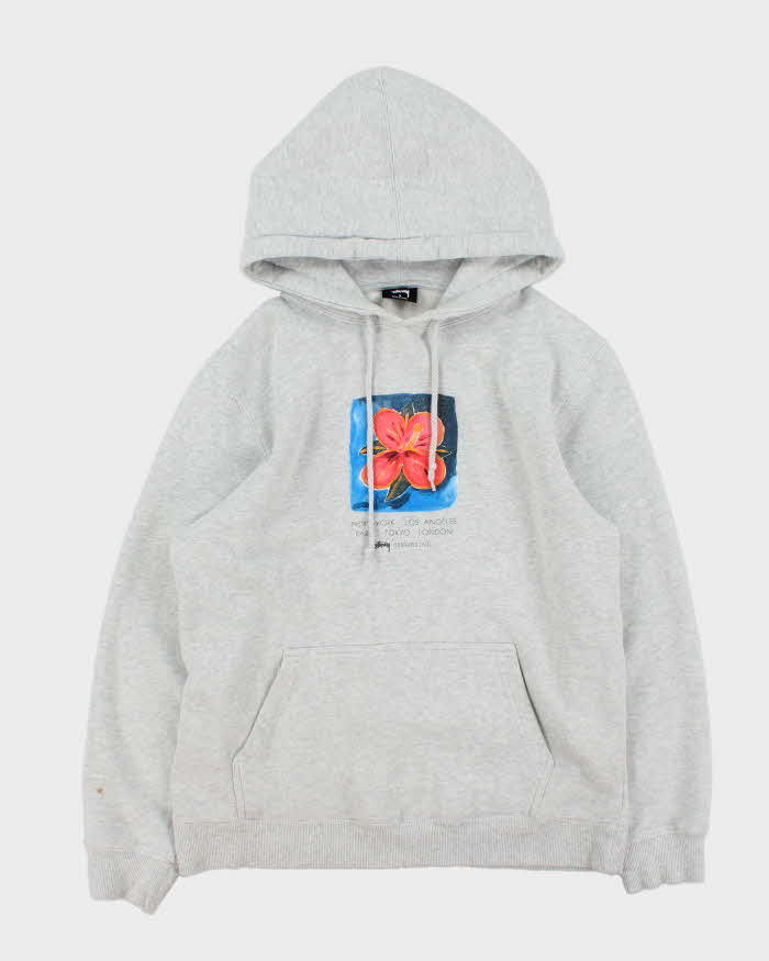Vintage Stussy Hibiscus Big City Grey Marl Pullover Hoodie - S – Rokit