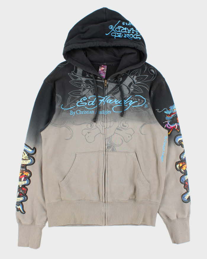 Vintage Ed Hardy Christian Audiger Embroidered Rhinestone Two-Tone Zip-Up Hoodie - M