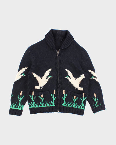 Men's Black Hand Knit Bird Print Zip Up Cardigan - XL