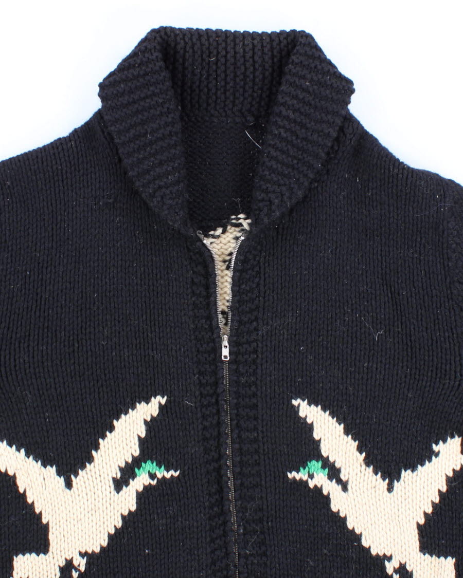 Men's Black Hand Knit Bird Print Zip Up Cardigan - XL