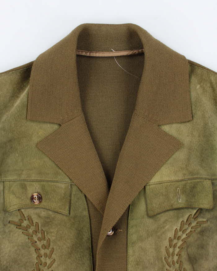 Mens 1970s Moss Green Suede and knit Cardigan - S
