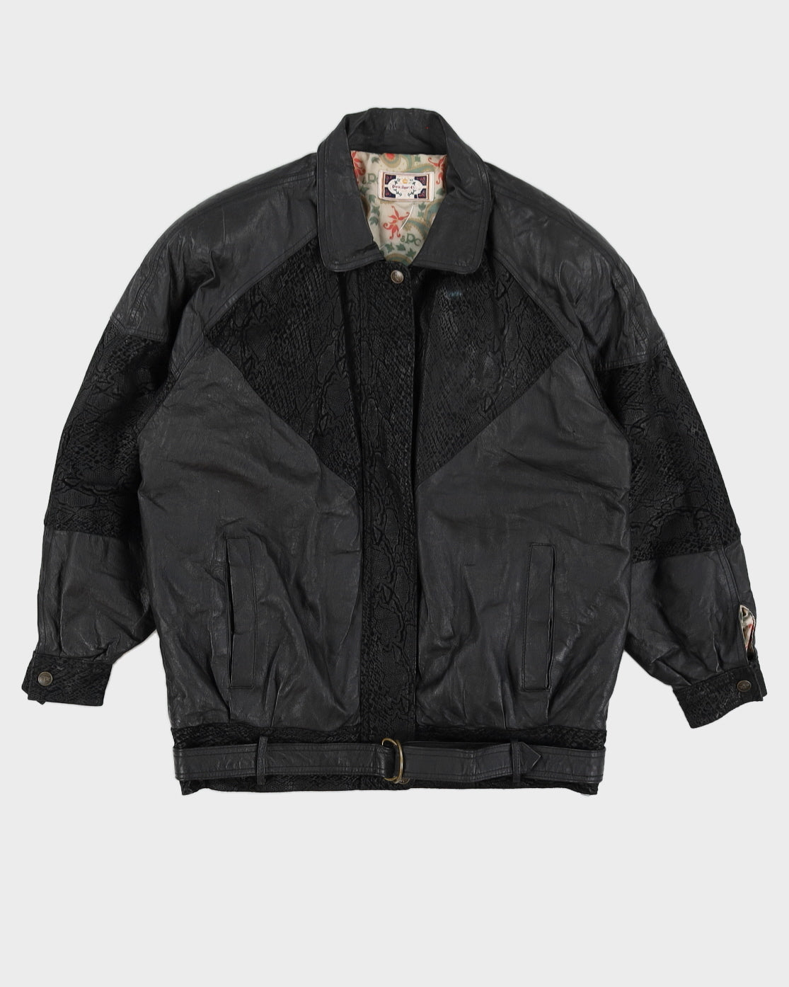Vintage 90s Paris Sport Club Black Leather Reptile Bomber Jacket 