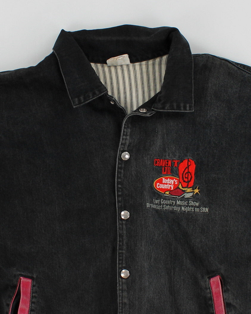 Vintage 90s Black and Burgundy Denim Jacket with Music Embroidery - L