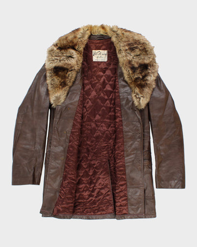 Vintage Men's Brown Leather Coat With Faux Fur Collar Trim - M