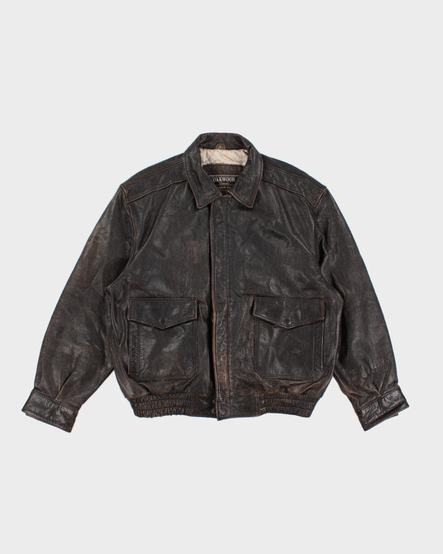 90s vintage leather jacket g1 a2 牛革 Mens Vintage 1990s Brown Leather Oakwood Jacket - L – Rokit