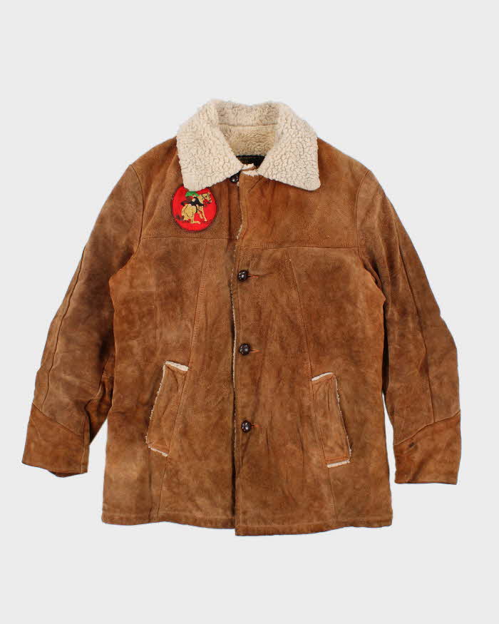 Gilet Western Vintage Années 70 Homme - Daim Marron - Fourrure Sherpa - Taille M - USA