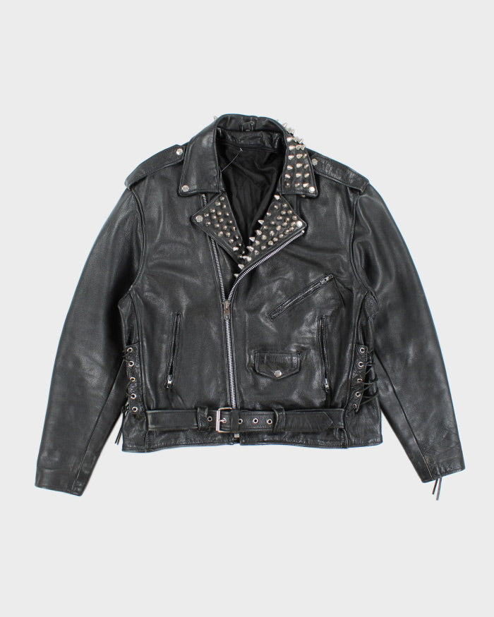 Giacca in pelle pesante con borchie da uomo vintage anni '90 L