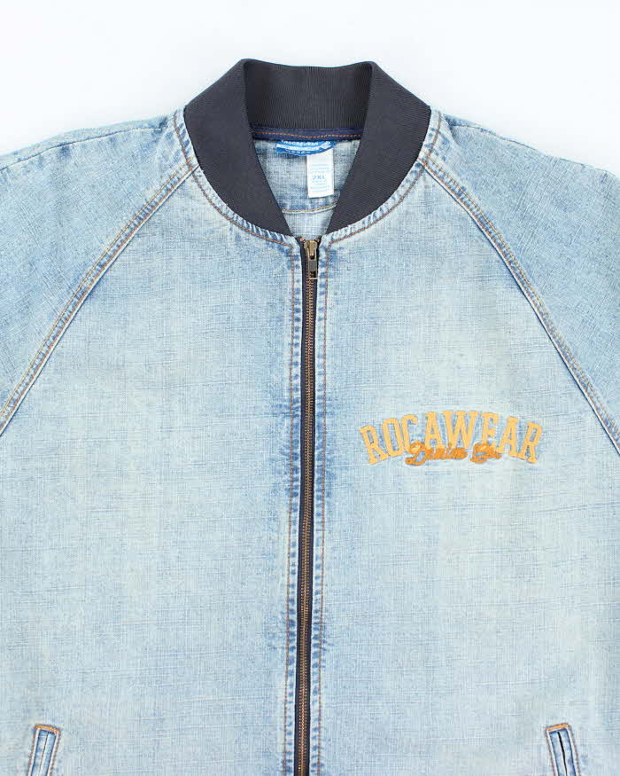Vintage Y2K Roca Wear Light Wash Embroidered Denim Bomber Jacket - XXL