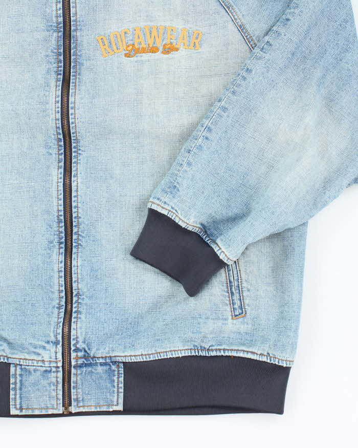 Vintage Y2K Roca Wear Light Wash Embroidered Denim Bomber Jacket - XXL