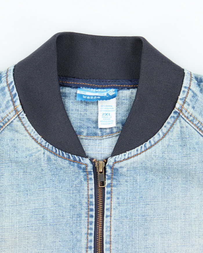 Vintage Y2K Roca Wear Light Wash Embroidered Denim Bomber Jacket - XXL