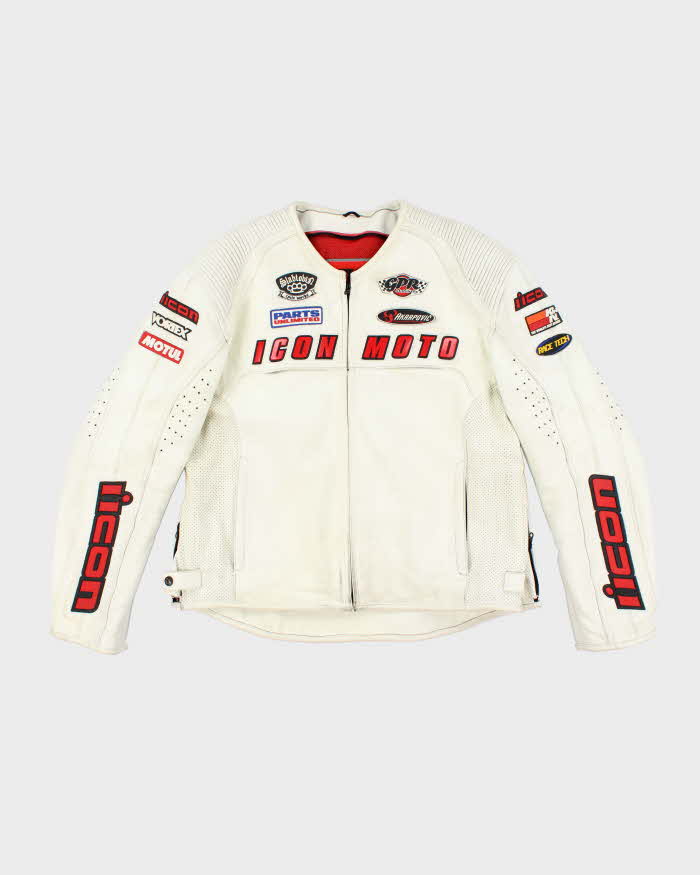 Vintage Y2K Icon Heavyweight Branded White Leather Biker Jacket - L