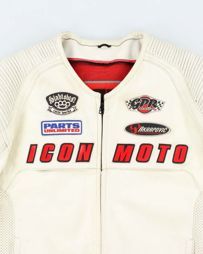 Vintage Y2K Icon Heavyweight Branded White Leather Biker Jacket - L