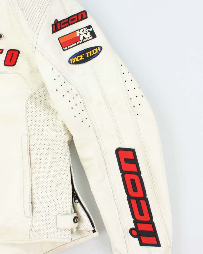 Vintage Y2K Icon Heavyweight Branded White Leather Biker Jacket - L