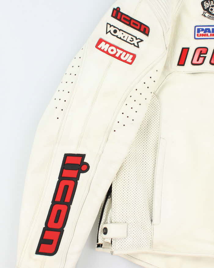Vintage Y2K Icon Heavyweight Branded White Leather Biker Jacket - L