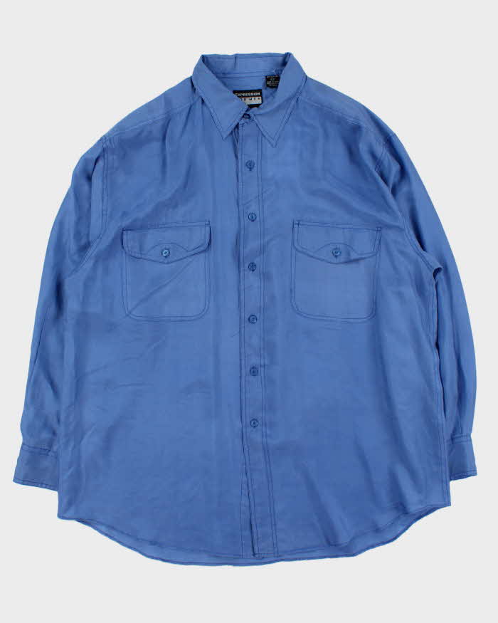 Vintage 1990s Steel Blue Silk Long Sleeve Shirt