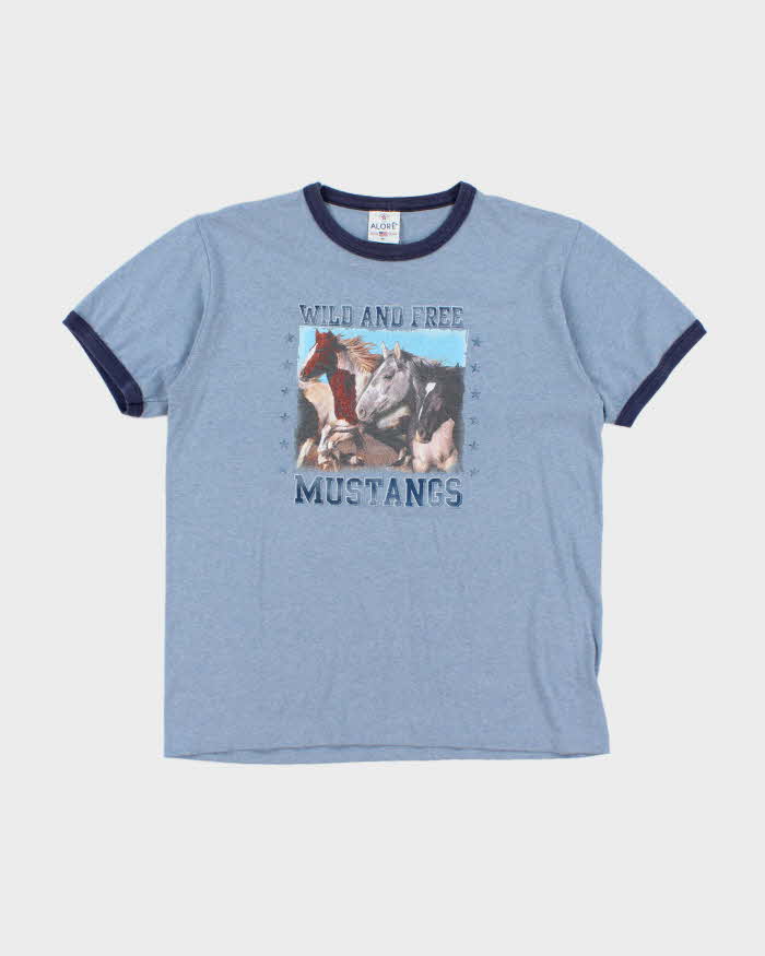 Vintage Y2K Wild and Free Mustangs Graphic Ringer T-Shirt - M