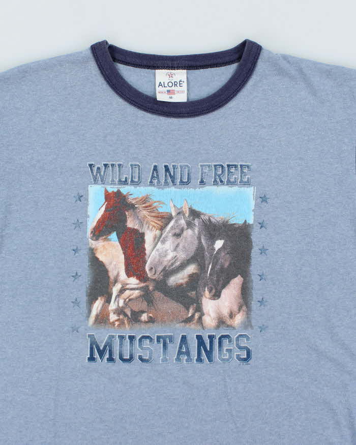 Vintage Y2K Wild and Free Mustangs Graphic Ringer T-Shirt - M