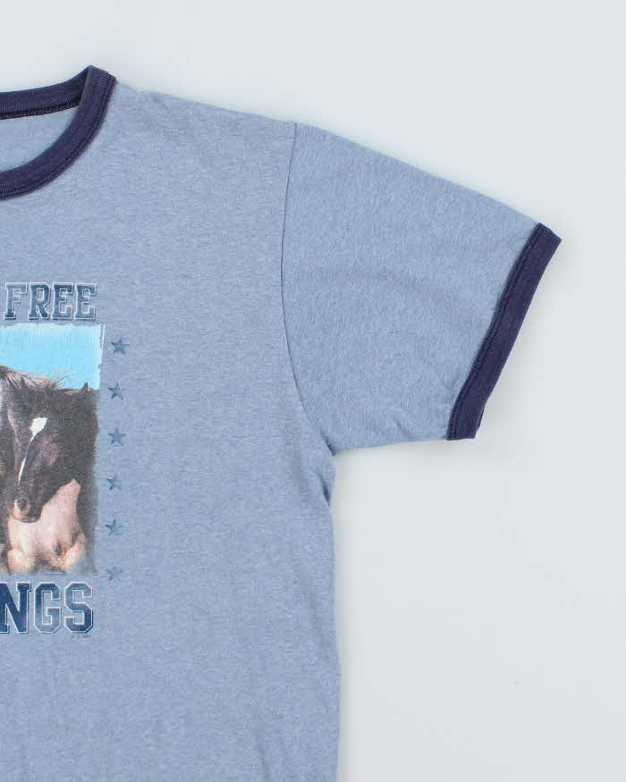 Vintage Y2K Wild and Free Mustangs Graphic Ringer T-Shirt - M