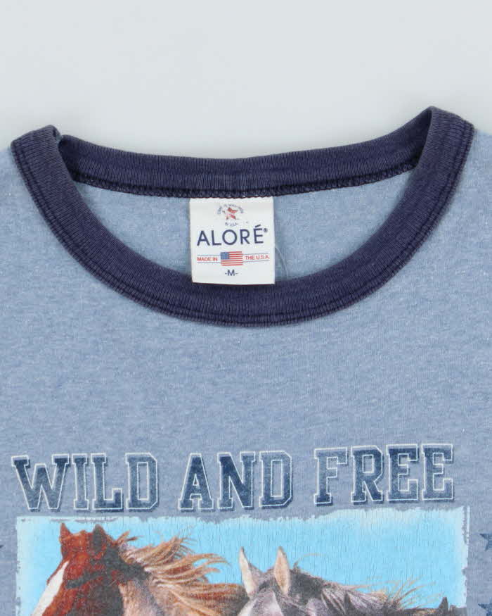 Vintage Y2K Wild and Free Mustangs Graphic Ringer T-Shirt - M