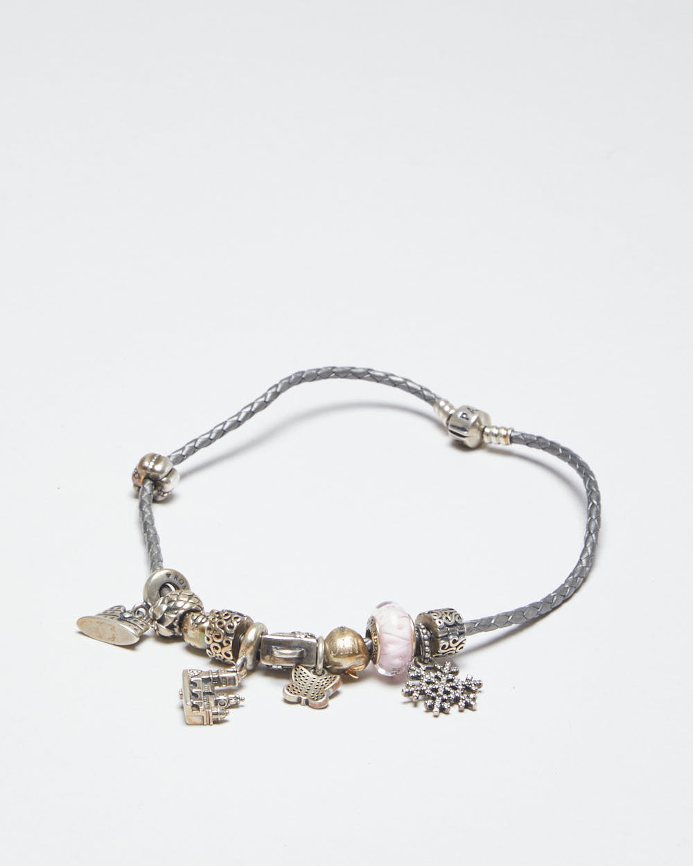 Pandora Silver Woven Leather Wrap Charm Bracelet