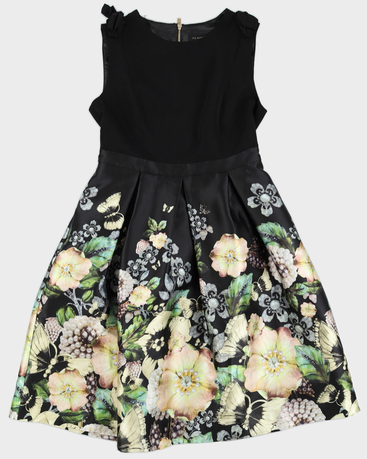 Ted Baker Black Floral A-Line Midi Dress - XL Rokit Ted Baker Black Floral A-Line Midi Dress - XL Rokit