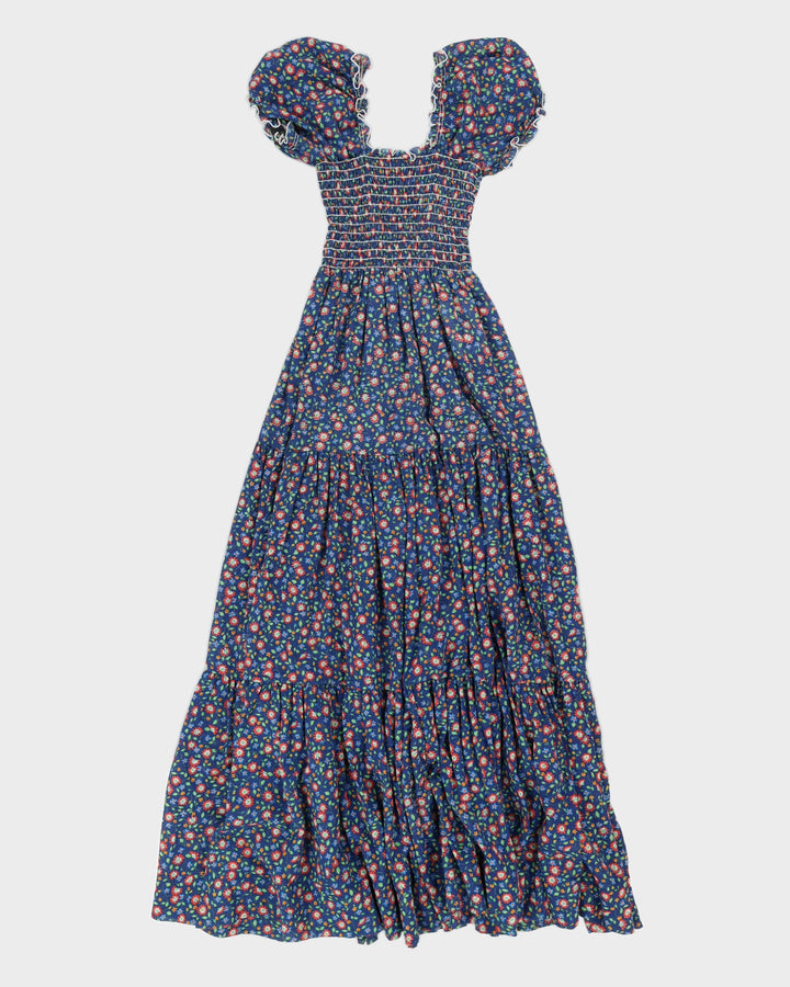 Vintage 80s Lounge About Shirred Floral Cotton Dress - XS