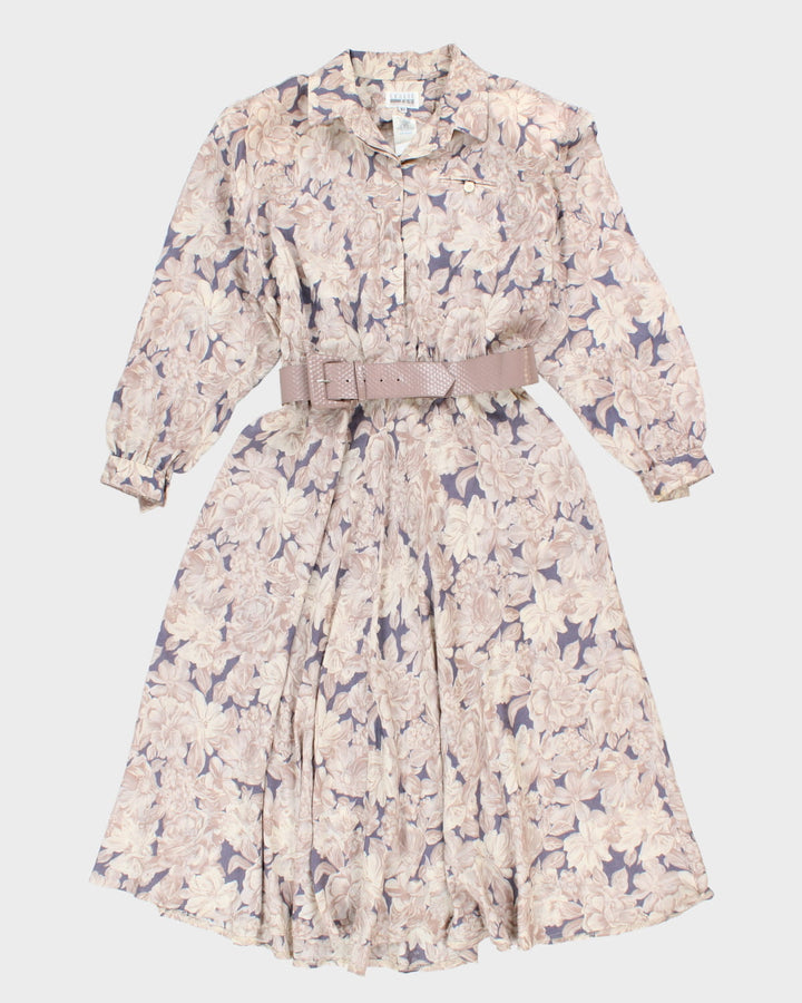 Vintage 80s Leslie Fay Long Sleeve Floral Dress With Belt - M