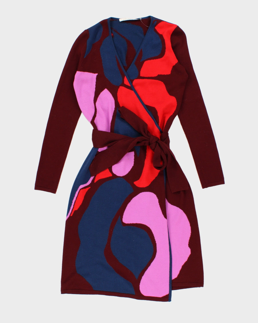 Womens Blue and Burgundy Pattern Diane Von Furstenberg Wool Wrap Dress - S