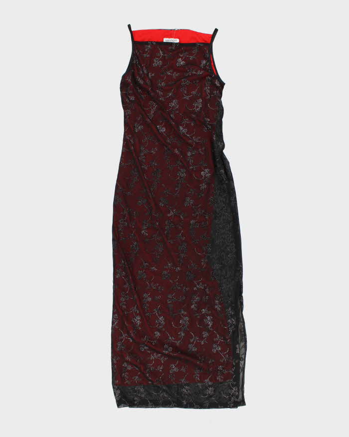 long red dress with black mesh overlay Vintage Woman's Red embroidered Mesh Evening Dress long red dress with black mesh overlay Vintage Woman's Red embroidered Mesh Evening Dress
