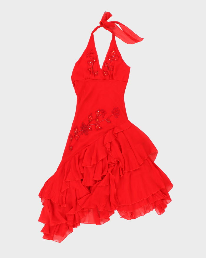 Vintage 90s Red Beaded Ruffle Halter Neck Dress - S Rokit Vintage 90s Red Beaded Ruffle Halter Neck Dress - S Rokit