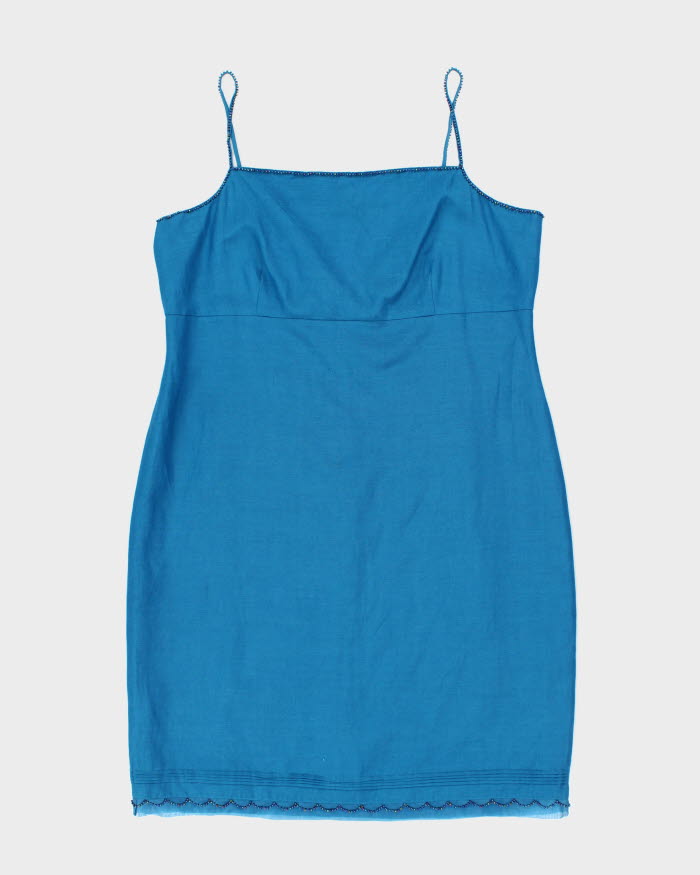 Vintage 90s Laura Ashley Blue Beaded Silk Dress - L  Rokit