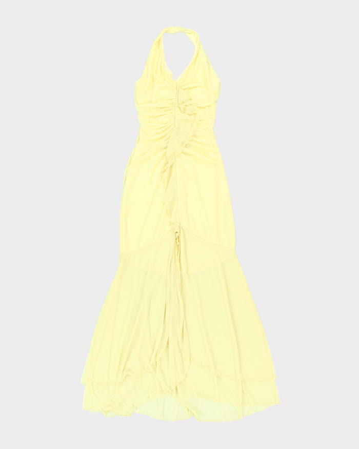 Vintage 90s Yellow Rhinestone Ruffle Halter Neck Dress