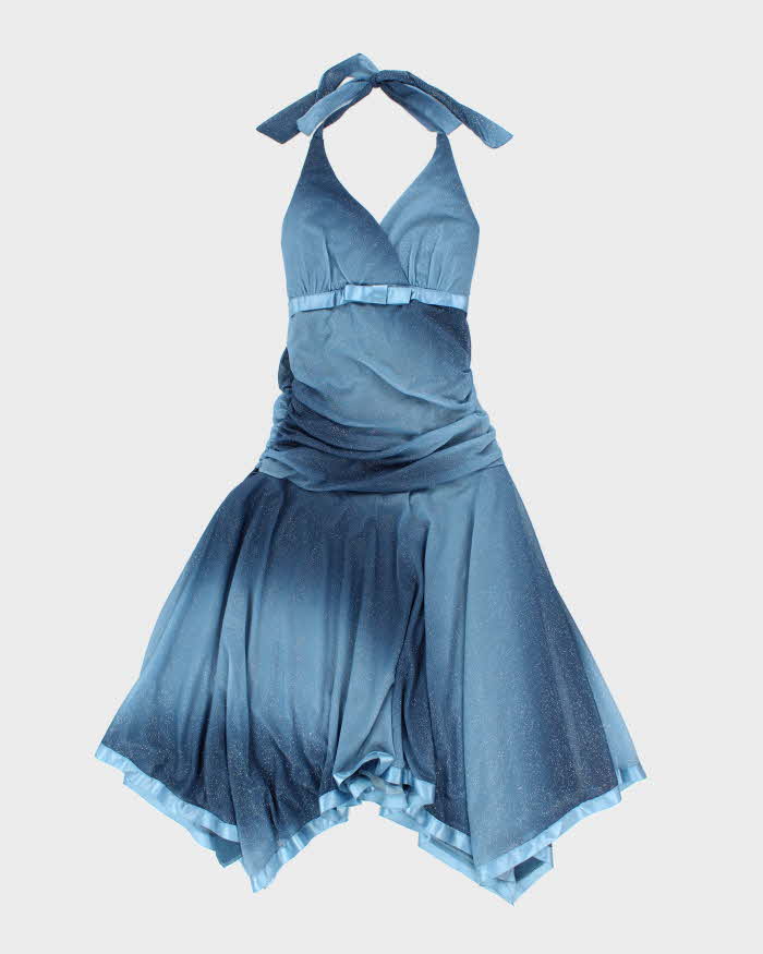 Vintage 90s Jessica Blue Sparkly Halter Neck Dress S