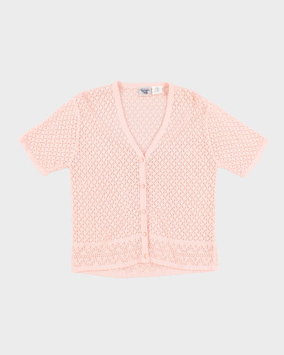 Womens Pink Short Sleeve Button Up Crochet Jumper - M