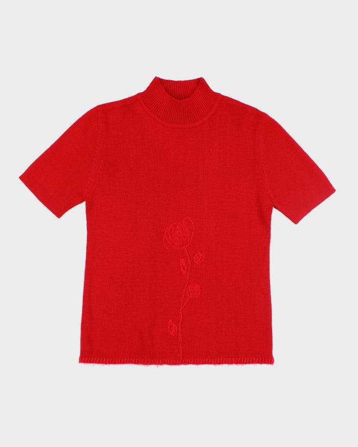 Vintage 90s Red Embroidered Wool Blend Knit - S