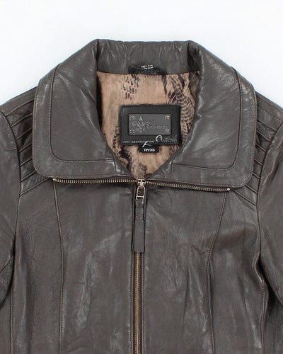 Womens Grey Leather Zip Up Jacket - XS