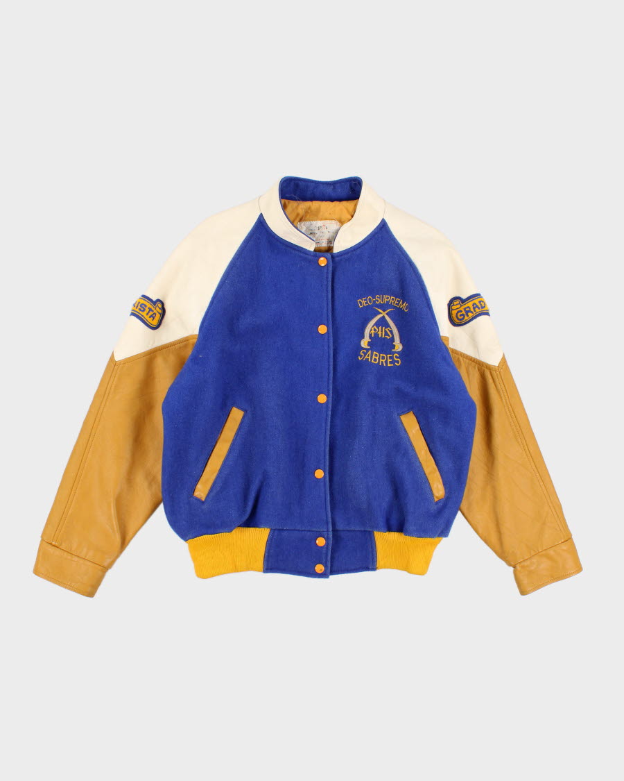 Vintage Blue And Yellow Leather Varsity Jacket XL