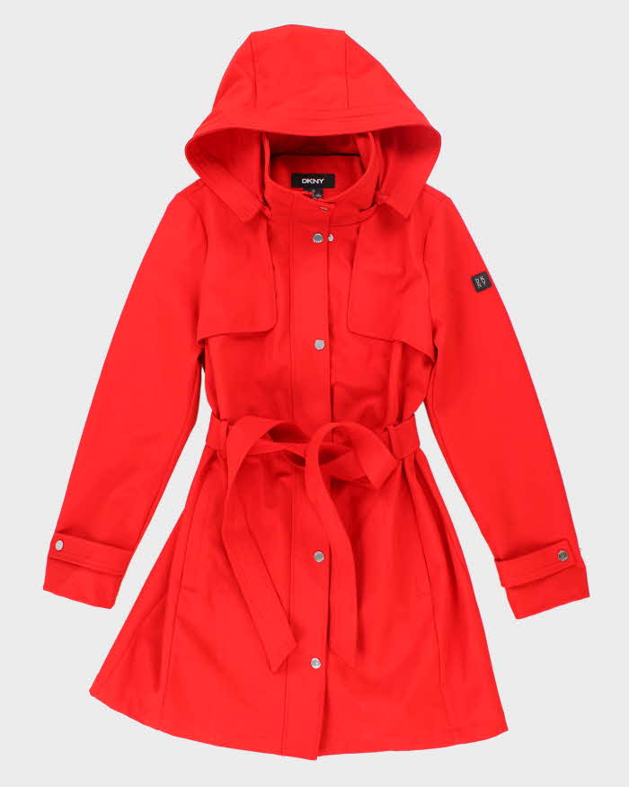 DKNY Roter Kurzmantel mit Kapuze und Gürtel – M – Rokit