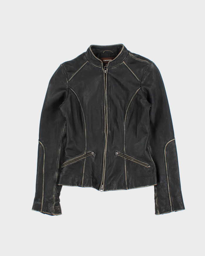 Vintage Y2K 00s Black Danier Distressed Look Leather Racer Jacket - XXS