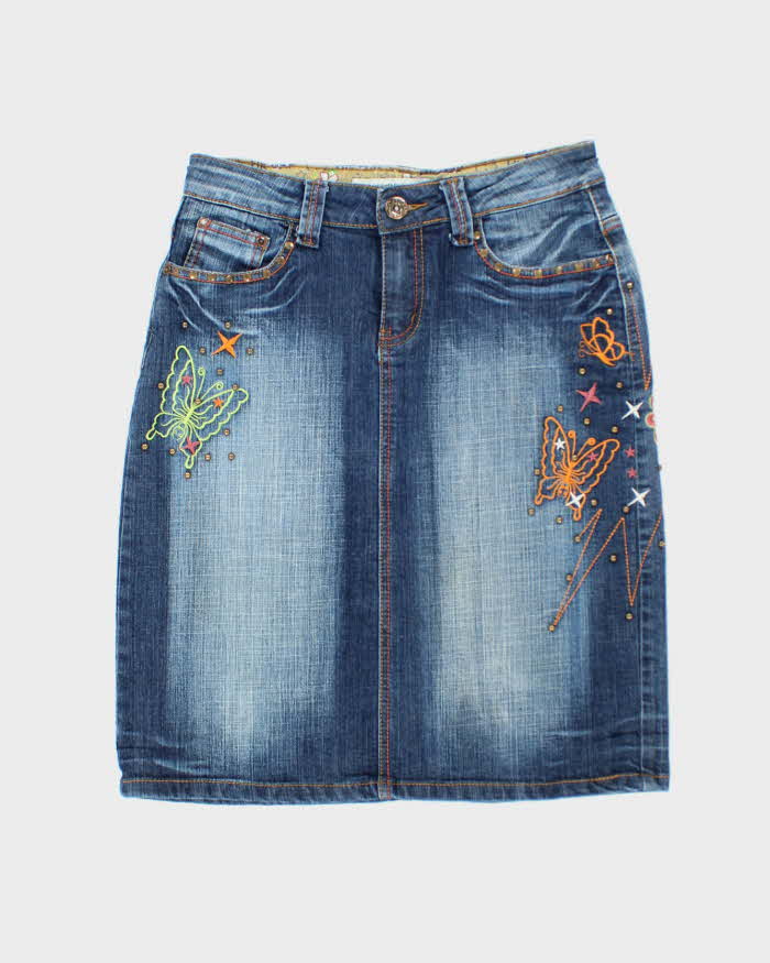 Vintage Y2k 00s Obiettivo Industry Embroidered Studded Deim Skirt -S