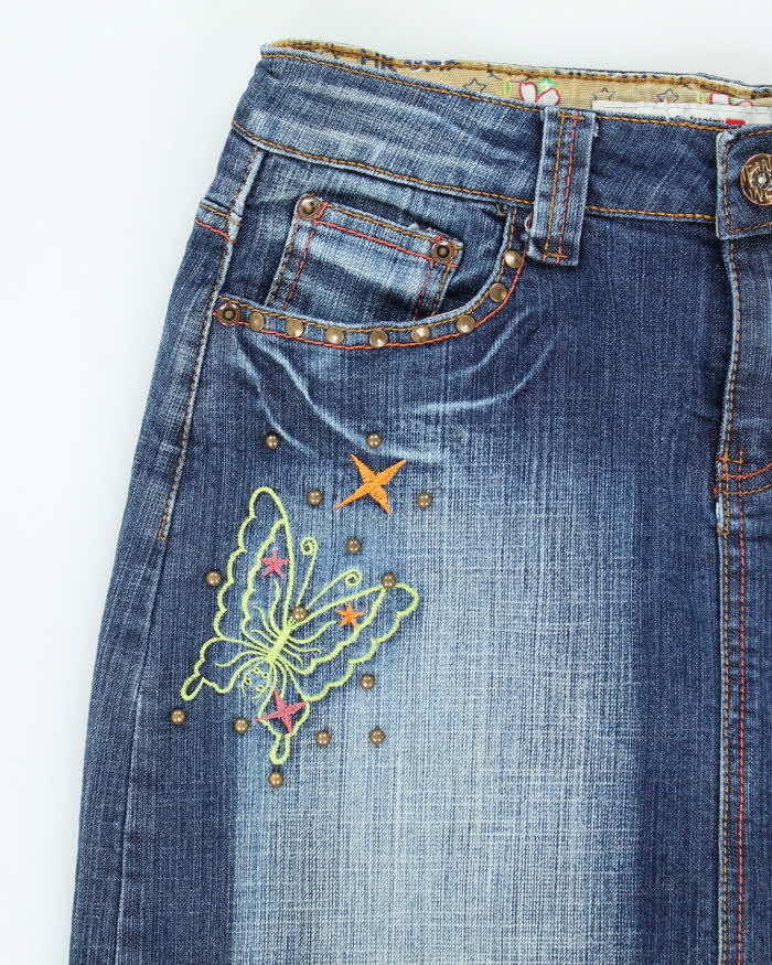 Vintage Y2k 00s Obiettivo Industry Embroidered Studded Deim Skirt -S