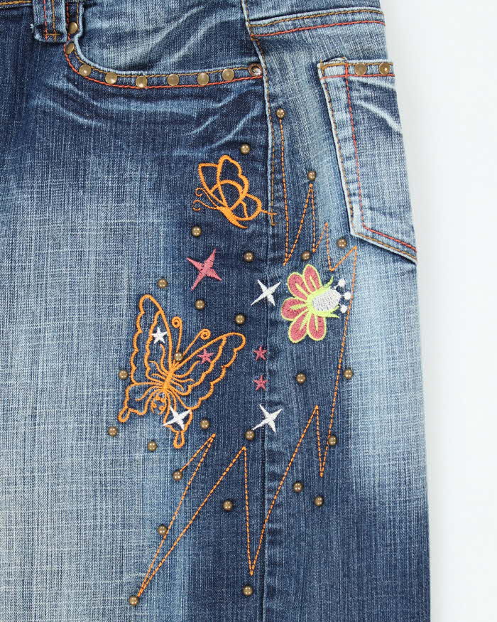 Vintage Y2k 00s Obiettivo Industry Embroidered Studded Deim Skirt -S