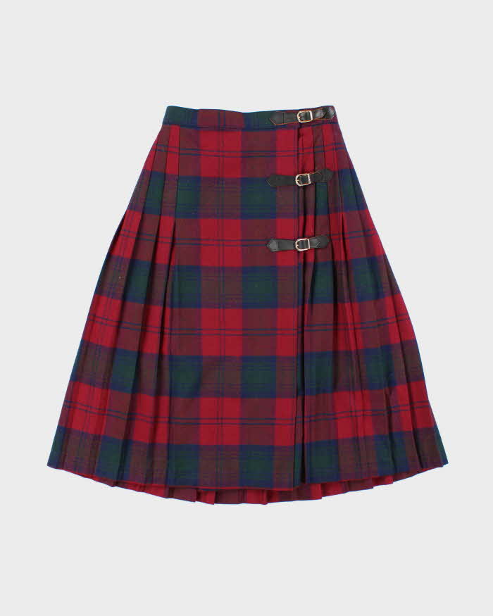 Vintage Buckle Checked Pleated Wool Skirt - XXS