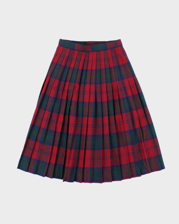 Vintage Buckle Checked Pleated Wool Skirt - XXS