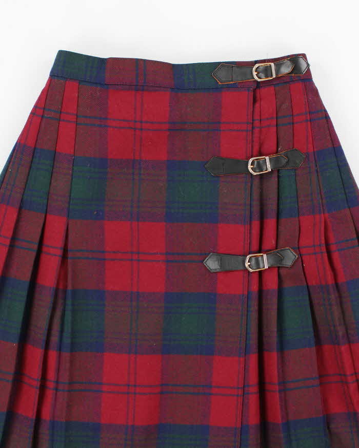 Vintage Buckle Checked Pleated Wool Skirt - XXS